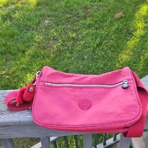 Kipling Pinkish-Red Crossbody Bag with Adjustable Strap & Monkey Keychain